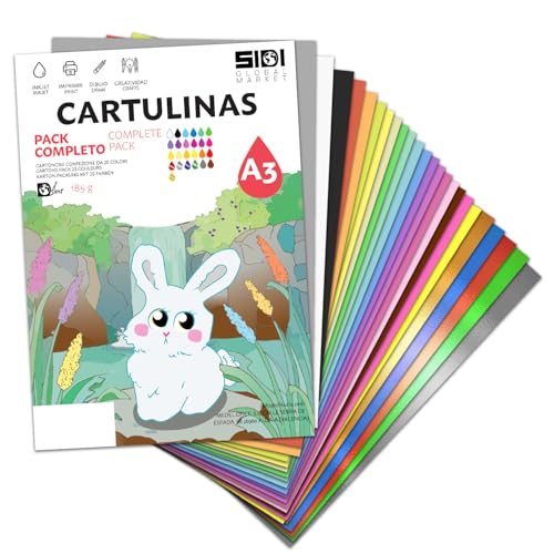 Cartoncino A3 Pack Completo 185/230 g Cartoncino colorato e metallizzato per lavoretti creativi, Scrapbooking, stampante inkjet e laser – SIDI (pack completo, 250h)