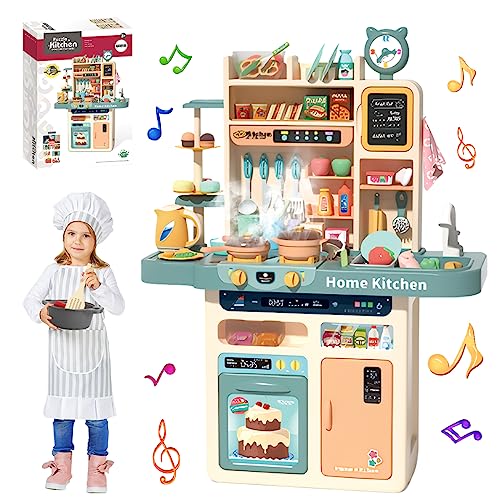 87PCS Kids Kitchen Playset with Light & Sound Simulation of Spray Sink | Mini Toddler Cooking Pretend Play Toy With Kitchen Appliances, Fruit, Vegetable, Ideal Gift For Children Girls Boys