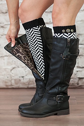 Chevron Leg Warmers Womens Knit with 3 Buttons By Modern Boho (Black)
