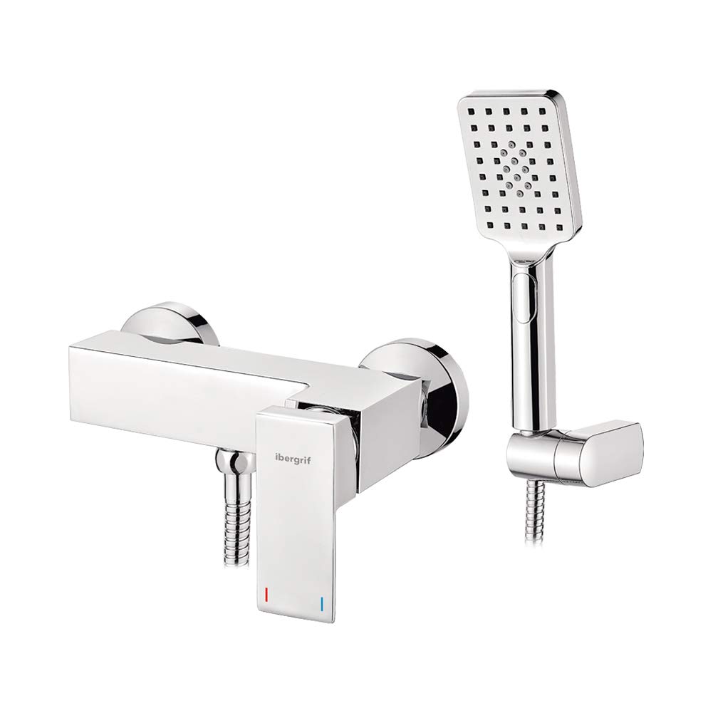 Ibergrif Atenas - Single Lever Shower Mixer, Square Bathroom Tap Set, with Handset, Hose, Holder, Chrome