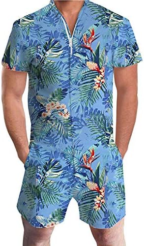 jumpjisper Mens Rompers Jumpsuits Shortsleeve One Piece Drawstring Hooded Tracksuits Casual Coverall Playsuits with Pockets