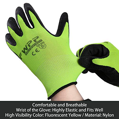 FWPP GL008003L6 Latex Coated Work Gloves Construction Gloves Pack of 6Pairs Large Fluorescence Yellow