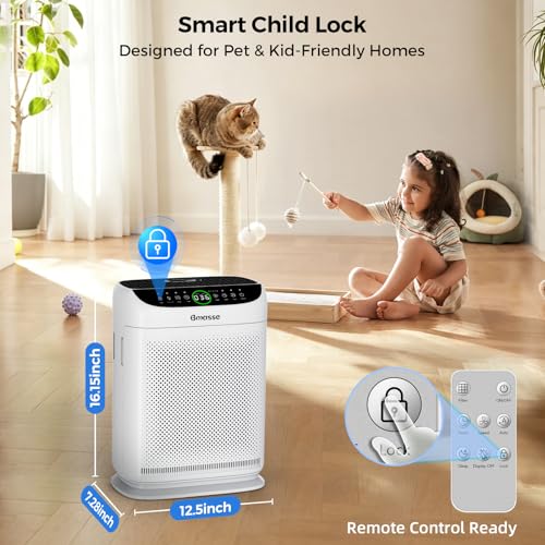 Bmasse Air Purifiers for Home Pets Large Room Up to 3000 Ft²,HEPA Air Cleaner with Washable Double-Side Filter, PM2.5 Air Quality Monitor,Remote Control,Sleep Mode for Bedroom Odor Dust Pollen,White