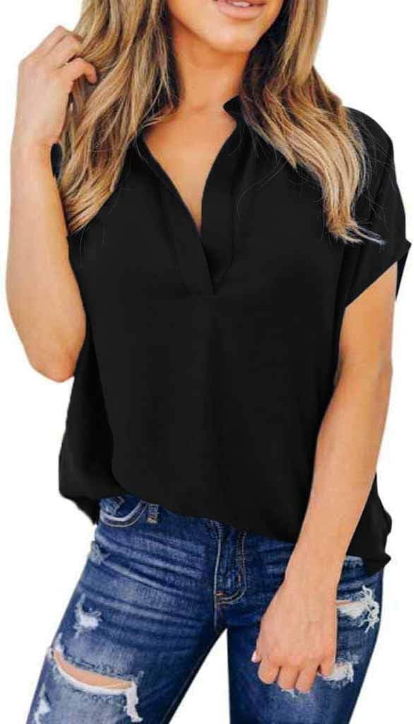 2022 Summer Flowy Fashion Zipper V-Neck Casual Tops T-Shirt Loose Tunic Tee Short Sleeve Shirt