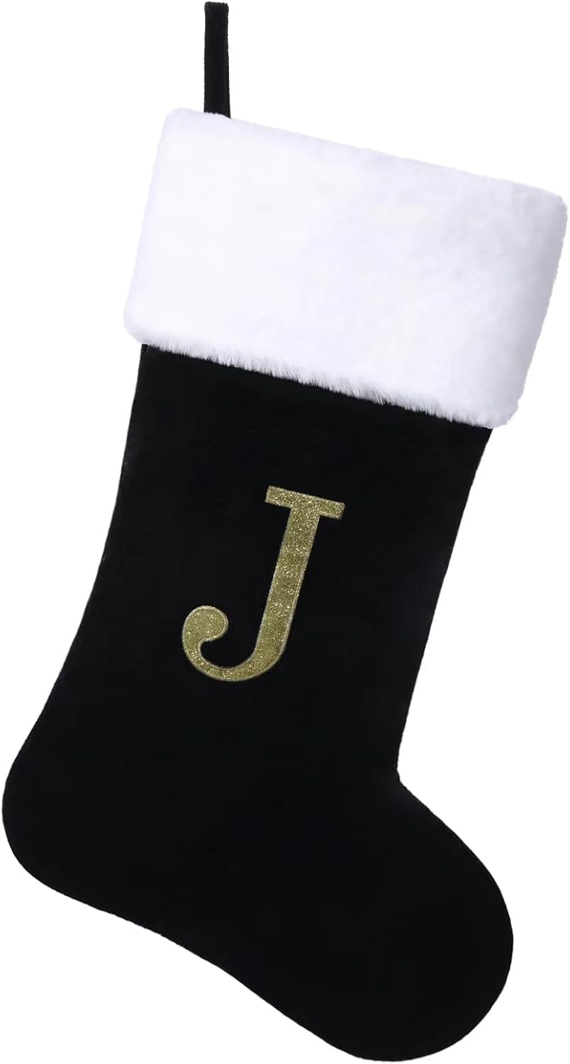 Stockings & Holders - Yehnois 20 Inches Initial Monogram Christmas Stocking Personalized,Deluxe Black Velvet Body with Super Soft Plush Cuff Embroidered Letter,Holiday Season Decor（J）