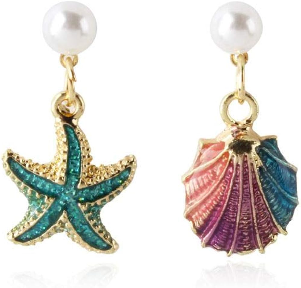 ailov Asymmetrical Earrings Dangle Drop Ocean Starfish Sea Shell Nautical Beach