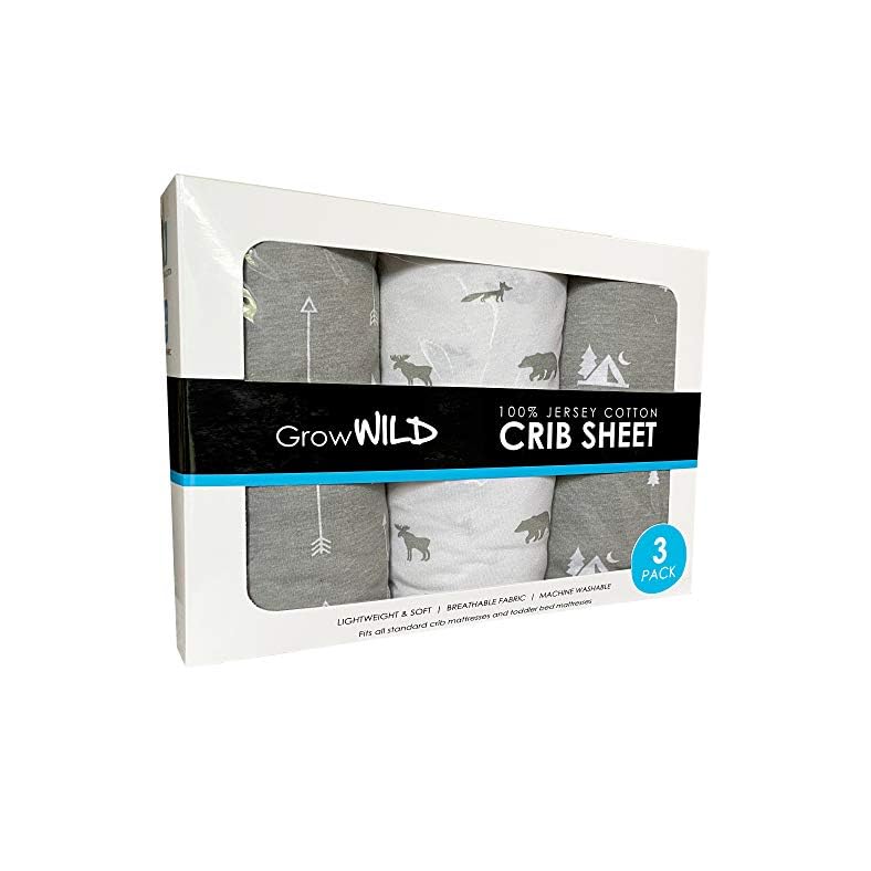GROW WILD Crib Sheets for Boys, Fitted Grey Baby Crib Sheets Boy (3 Pack), Woodland Crib Sheets Neutral, Toddler Bed…