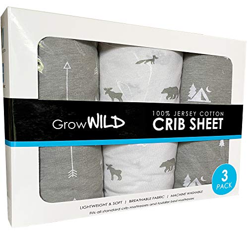 GROW WILD Forest Crib Sheets 3 Pack | Soft Crib Sheets for Boys and Girls | Crib Sheets Neutral Grey | Stretchy Forest Crib Sheet - Nicely Fit Crib Mattress Sheet (Woodland Adventure)