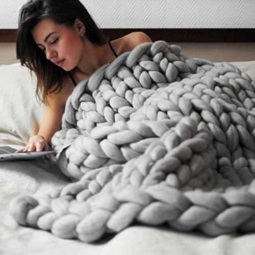Chunky Knit Blanket Handwoven Wool Blend Yarn Knitting Throw Bed Sofa Super Warm Home Decor 40"x79" (100x200 CM, Gray)