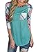 Annflat Women's Casual Striped 3/4 Sleeve Pocket T Shirt Color Block Blouses and Tops,Green,(US4-6)Small