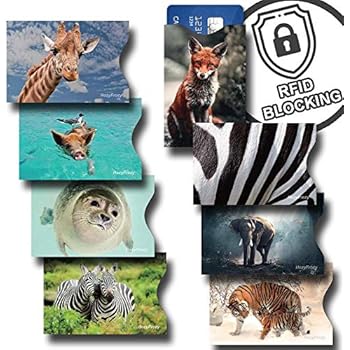 8 RFID Blocking Sleeves, Credit Card Protector, Anti Theft Credit Card Holder, for Men and Women, with Elephant, Zebra, Fox, Giraffe, Seal, Tiger and Pig Prints