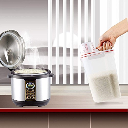 Rice Storage Containers with Airtight Design + with 4 Side Locking Lid + BPA Free Plastic + Measuring Cup + Pour Spout For Pantry Organization (2.5L Red)
