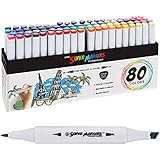 80 Color Super Markers Primary &amp; Secondary Tones Dual Tip Set - Double-Ended Permanent Art Markers with Fine Bullet &amp; Chisel Point Tips - Ergonomic Tri-Oval Barrels - Draw, Sketch, Illustrate, Manga