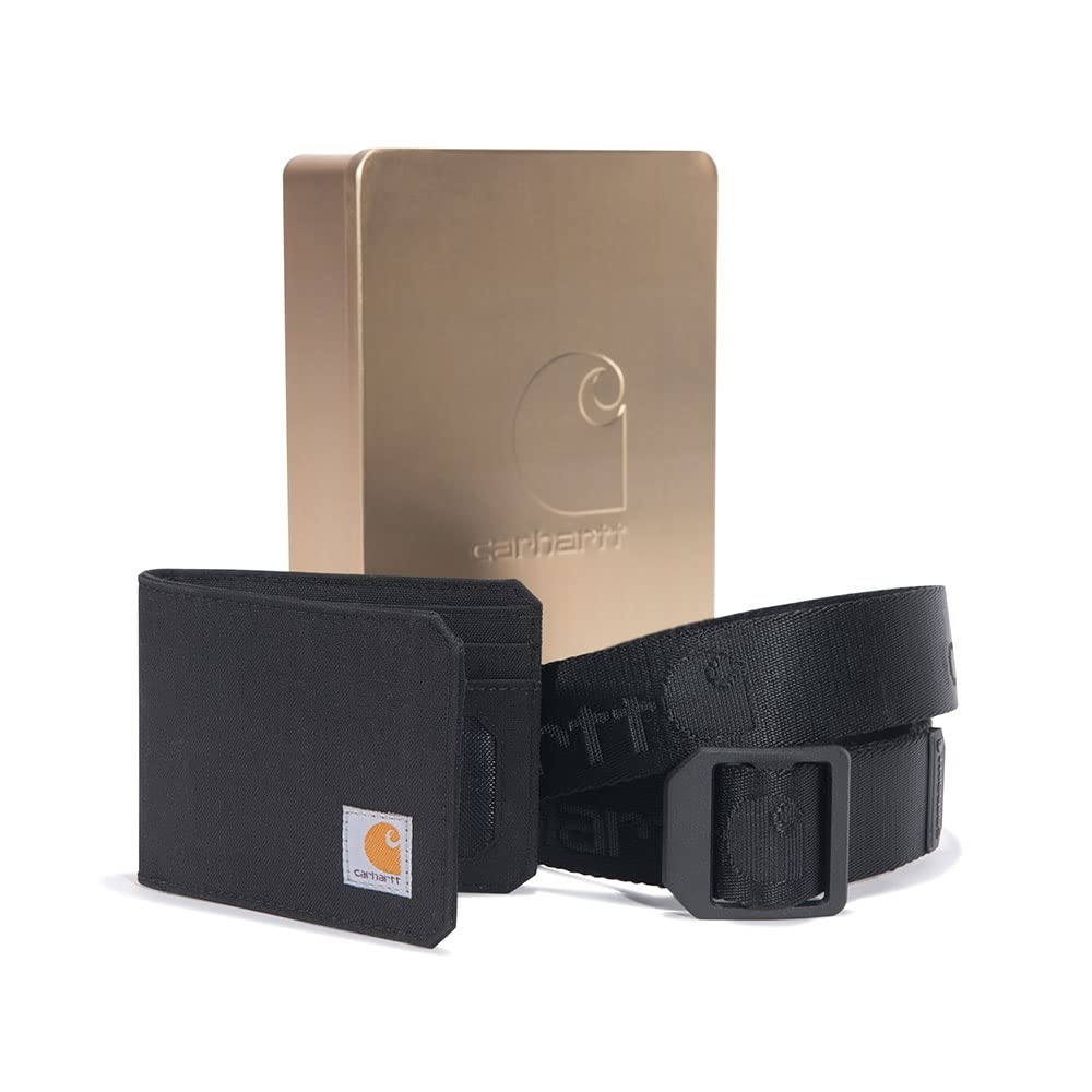 Carhartt Men's Standard Bifold and Passcase, Durable Billfold, Available in Leather and Canvas Styles, Wallet & Belt Gift Set (Black Wallet, Black Size Large Belt), One Size