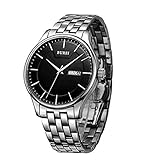 BUREI Men's Business Casual Wrist Watches with Day Date Calendar Black Dial Stainless Steel Band and Black Dial