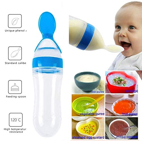 Gedebey Baby Food Feeder, Pacifier Fruit- Fresh Silicone Bottle Squeeze Spoon Frozen Fruit Teething Pacifiers Nibbler Hygienic Cover Newborn Teeth with Meshes Sizes for Baby Food Spoon (Blue)