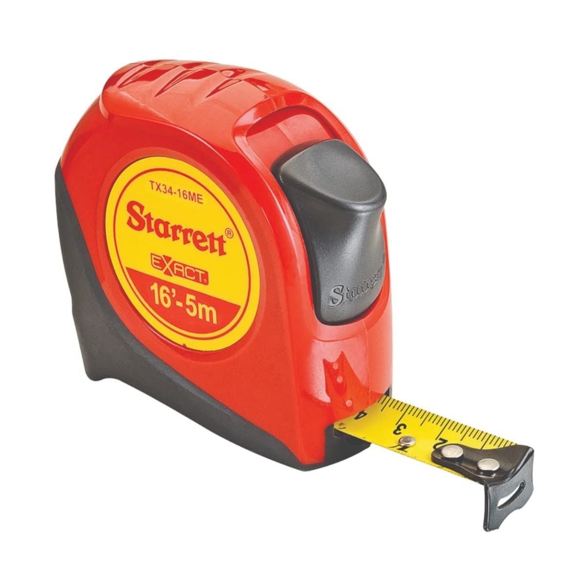 Starrett Pocket Tape Measure - 5m KTX34-16ME-N Exact Steel Belt Clip & Lock Button - Impact Resistant ABS Plastic with Rubber Overmould