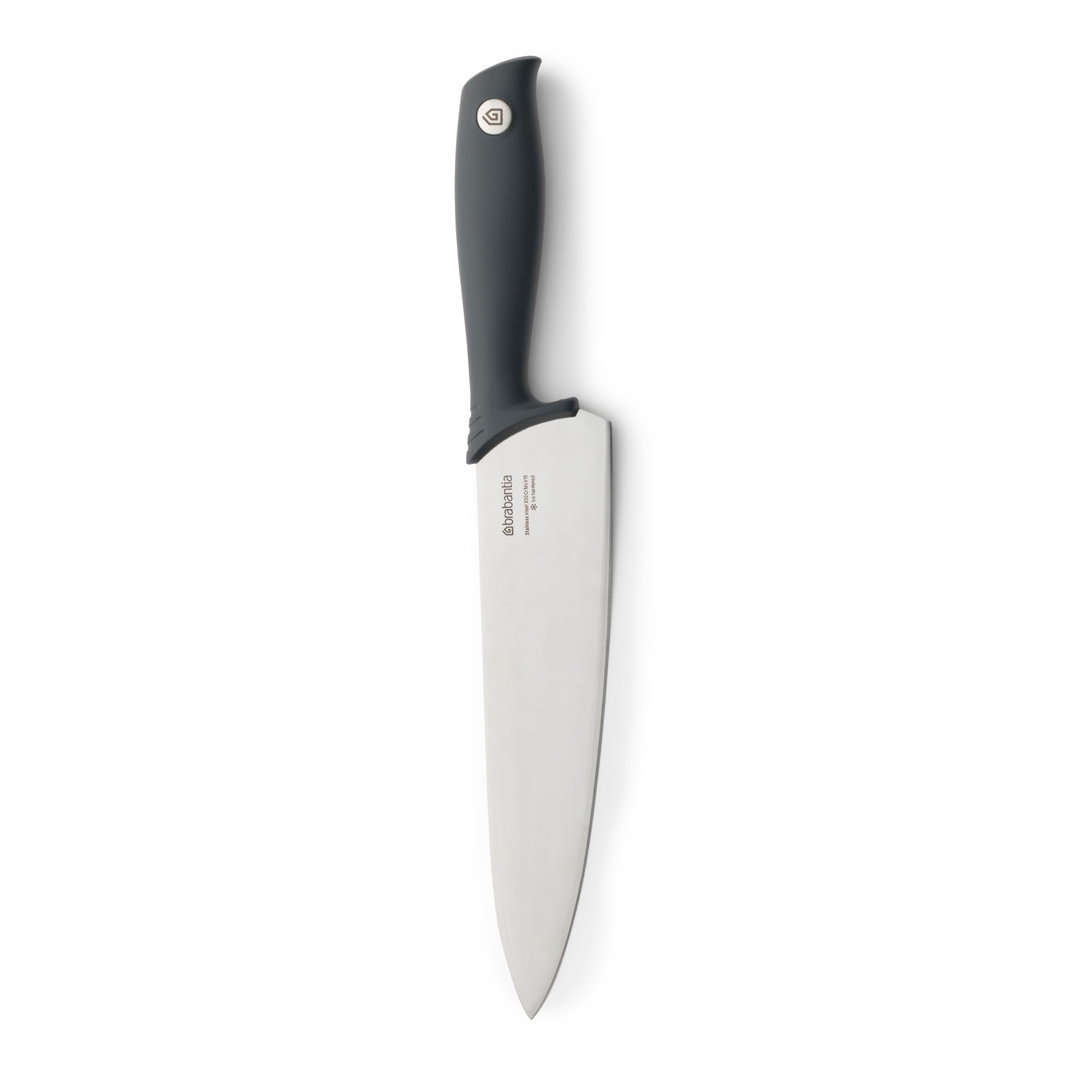 Brabantia Tasty+ Chef's Knife (Dark Grey) Hardened Steel Large Blade Kitchen Knife, Ideal for Cutting Vegetables & Uncooked Meat, Integrated Finger-Guard, All-Rounder, Sharp Tip