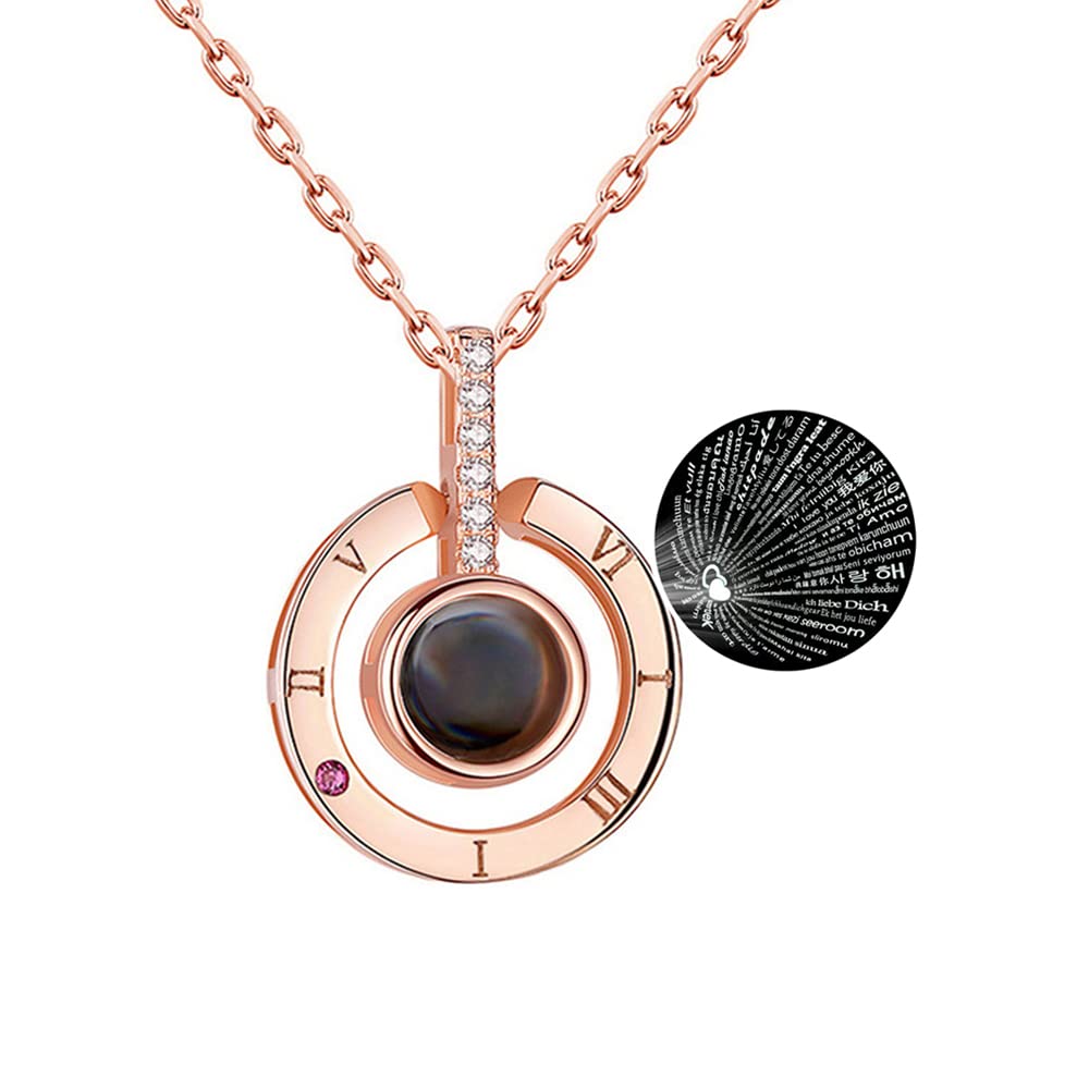 GulCean I Love You Necklace in 100 Languages Projection Pendant Necklace That Says I Love U Different Ways for Women Mom with Meaning in Gift Box (Rose Gold-Round)