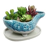 Turquoise & Gray Abstract Design Ceramic Succulent Plant Flower Planter Pot w/ Removable Saucer - MyGift