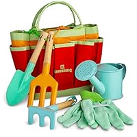 Kinderific Gardening Tool Set, Designed for Kids, STEM, Tote Bag, Spade, Watering Can, Rake, Fork, Trowel, Gloves.