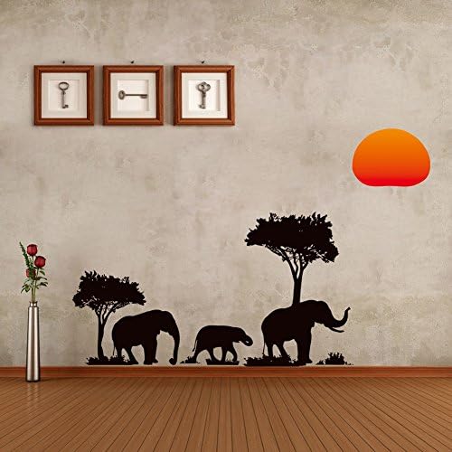 Magic Candle Nursery Wall Stickers African Elephants Under Trees and Sunset DIY Vinyl Removable Art Wall Decals Mural Home Art Decal Kids Room Decor