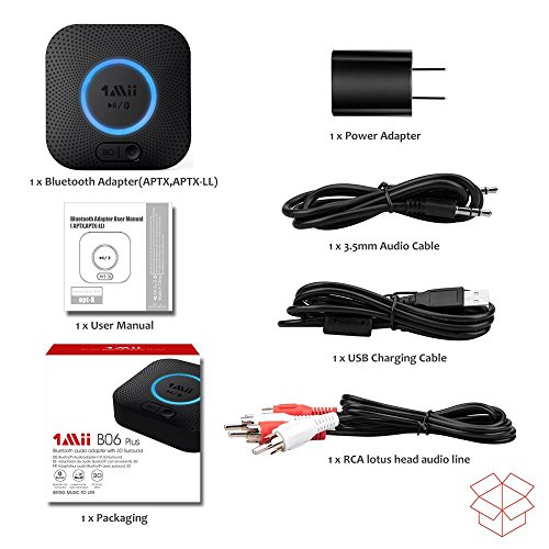 Bluetooth Receiver, Hi-Fi Wireless Audio Adapter, 1Mii Bluetooth 4.2 Adapter with 3D Surround aptX Low Latency for Home Music Streaming Stereo System (Upgraded Version with Power Adapter)