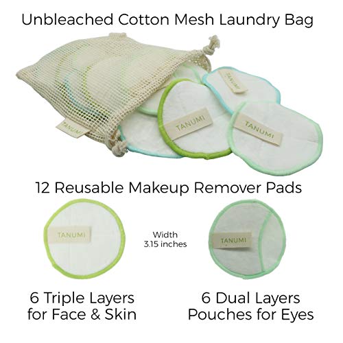 Zero Waste Makeup Remover Pads | 12 Reusable Cotton Rounds | Mesh Laundry Bag| Pad Storage Box| Perfect Gift For Her| Skin Care Cleansing Round Remover Wipes by TANUMI