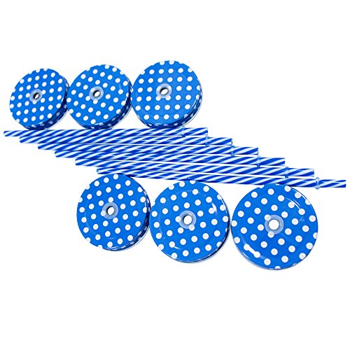 Amazing Set Of 6 Lids & 6 Straws For Regular Mouth Mason Jar Glasses, 6-Pack Decorative Colored Polka-Dot Metal Lid With Straw Holes & Striped Plastic Straw Set (Blue)