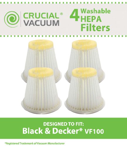 4 Black & Decker VF100, VF100H DustBuster Replacement Filters - WASHABLE & REUSABLE - Recommended only for Cyclonic Action DustBusters CHV1400, CHV1500, CHV1560, CHV1600; Designed & Engineered by Crucial Vacuum