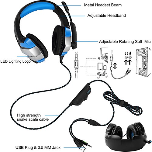 Gaming Headset - Onikuma K5 3.5mm Over-ear Stereo Gaming Headphones with Mic,Noise Reduction,Volume Control, Foldable Earphones for Xbox One/Switch/PS4/CF/Laptop/Smartphone (Black/Blue)