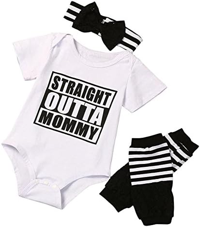 MILWAY Newborn Baby Girl Romper Straight Outta Mommy Letter Printed Leg Warmers With Headband (White, 100/12-18M)