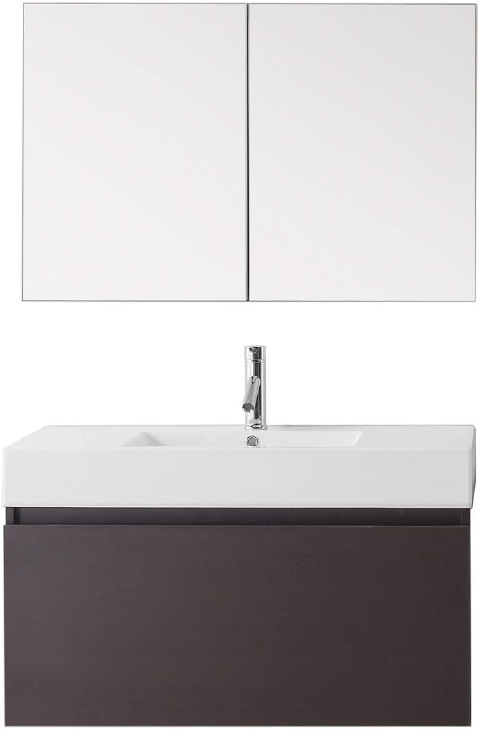 Virtu USA Zuri 39 inch Single Sink Bathroom Vanity Set in Wenge w/Integrated Square Sink, White Polymarble Countertop, Single Hole Polished Chrome, 1 Mirror - JS-50339-WG