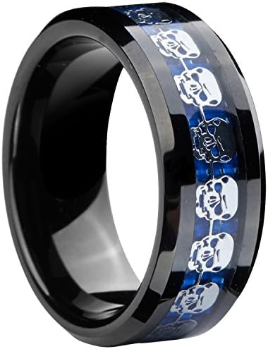 8mm Infinity Black Blue Tungsten Wedding Ring Silver Skull Skeleton Inlay Engagement Jewelry Size 7