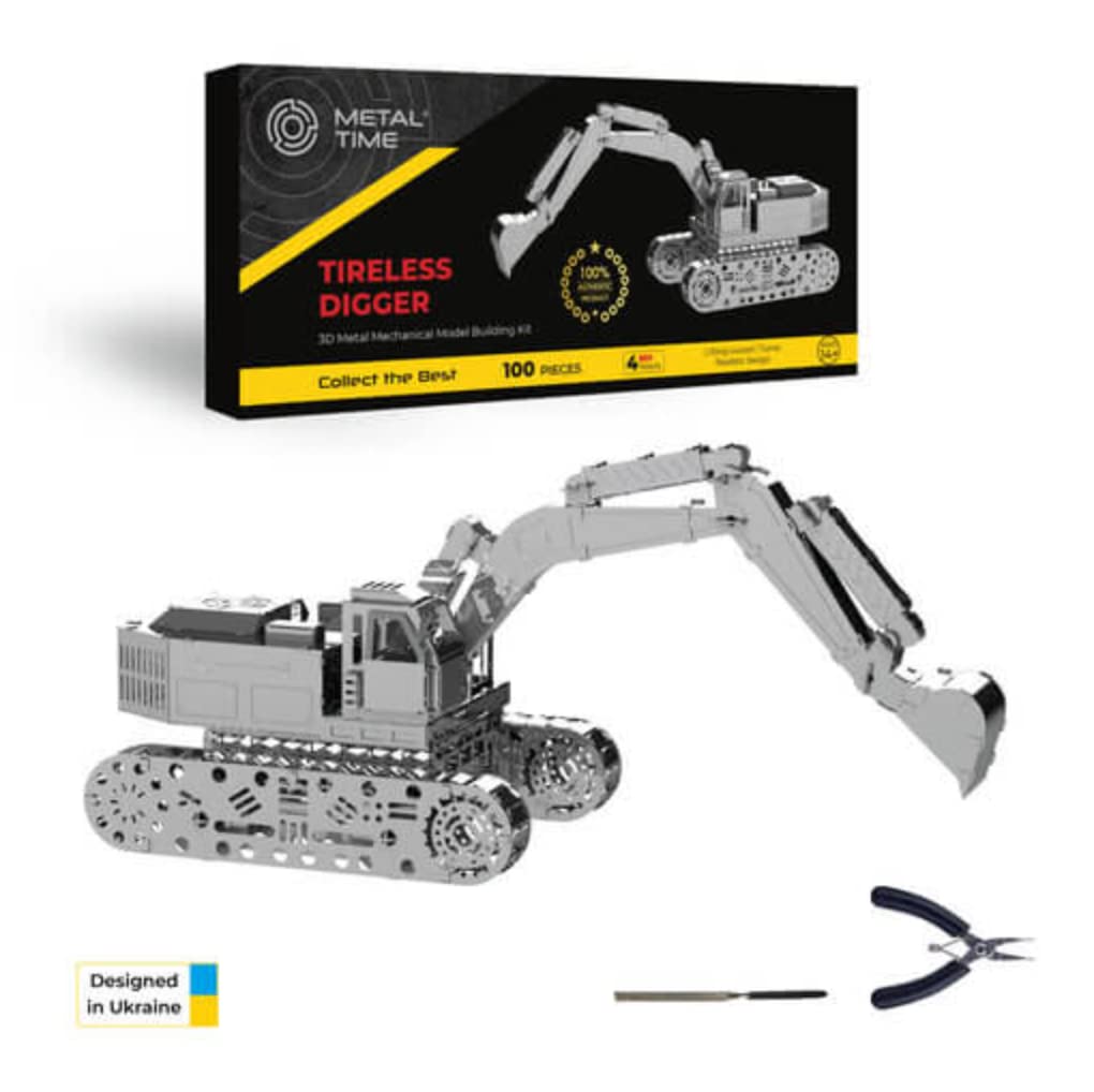 METAL-TIME TIRELESS DIGGER EXCAVATOR, Excavator Model, Metal Hydraulic Excavator Model, 3D Puzzle Building Crafts, Collectible Figurine, Stainless Steel DIY Construction with Toolbox, 100 Pieces.