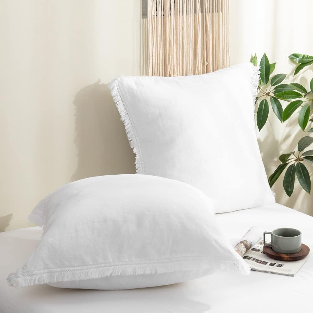 Photo 1 of Simple&Opulence 100% Linen Euro Sham Pillow Covers Belgian Flax-Set of 2, Decorative Pillow Cover with Tassels, Boho Shabby Chic Style for Couch/Bed, White, 26''x26''