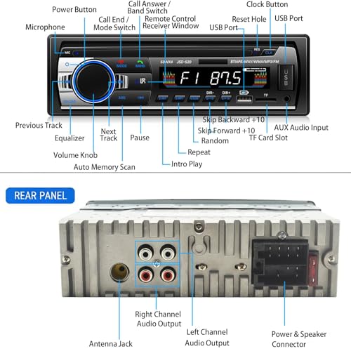 Chasinglee Autoradio Bluetooth - 1 DIN - 2x60W - Funzione AUX, lettore MP3 e doppia porta USB, suono stereo FM, chiamate in vivavoce, uscite RCA, tasti illuminati RGB, iOS e Android