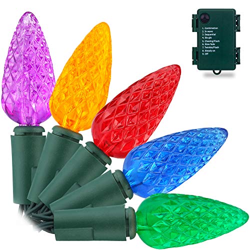 RECESKY C6 Bulbs Christmas Lights with Timer - 50 LED 16.4ft Strawberry Battery String Light for Outdoor, Indoor - Mini Lighting Decor Patio, Wreath, Garland, Party, Xmas Tree, Christmas Decorations