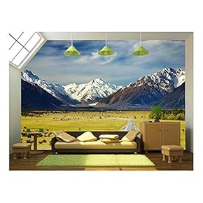 Landscape with Road and Snowy Mountains, Southern Alps, New Zealand - Removable Wall Mural | Self-Adhesive Large Wallpaper - 66x96 inches