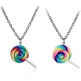 2pcs Cute Colorful Rainbow Lollipop Necklace Adjustable Long Sweater chain Lovely Swirl Lollipop Candy Pendant Sugar Sweets Jewelry Set for Women Men