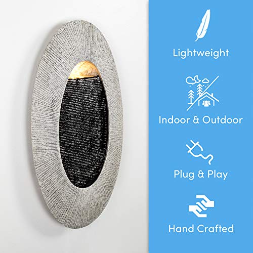 Oval, Indoor/Outdoor Wall Fountain 24” x 12” | Handcrafted Natural Stone Look with LED Lights, Adjustable Speed, Calming Waterfall Sounds | Made with Polyresin Material (Tan)