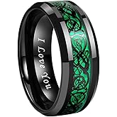 TUTISS 8mm Red Green Purple Carbon Fiber Celtic Dragon Inlay Black Tungsten Rings for Men Women Wedding Bands I Love You Engraved Comfort Fit