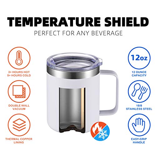 12oz Stainless Steel Insulated Coffee Mug with Handle, Double Wall Vacuum Tumbler Cup with Lid, White, 1 Pack - Thumbnail 3
