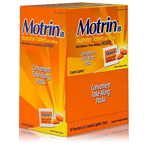 MOTRIN IB, IBUPROFEN 200MG TABLETS, NSAID PAIN & FEVER RELIEVER FOR HEADACHE, BACKACHE, MUSCULAR ACHES, ARTHRITIS PAIN RELIEVER, 50 TRAVEL PACKETS OF 2, 100 CT