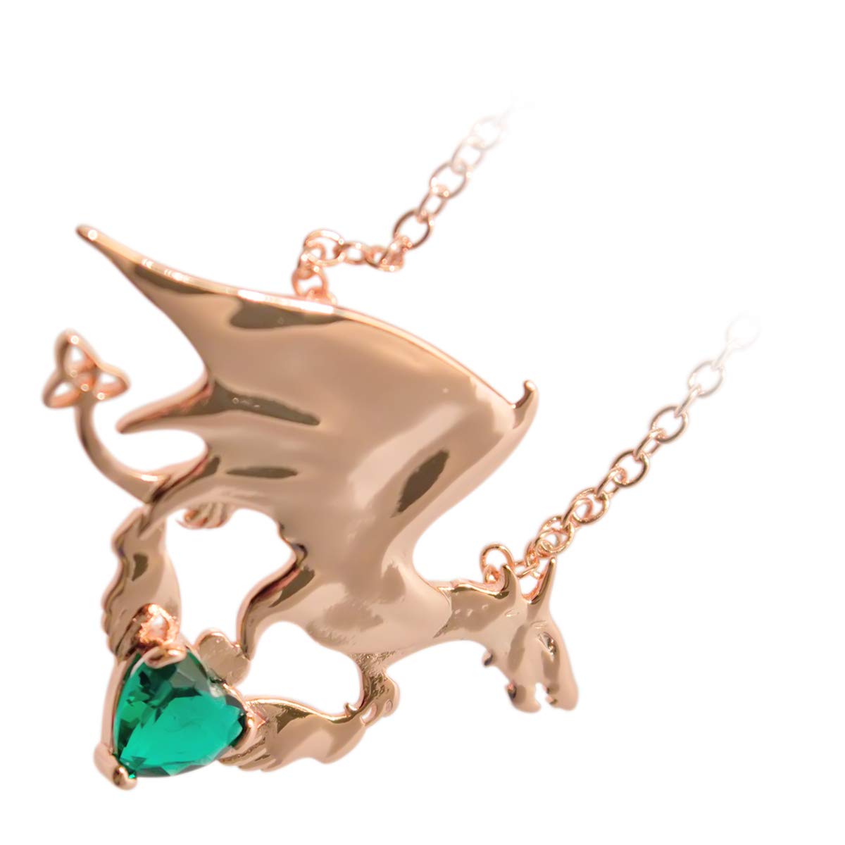 GWG Jewellery 18K Rose Gold Coated Dragon with Emerald Green Stone Heart and Celtic Trinity Knot Unusual Pendant Necklace in Gift Box for Women