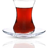 yersiz Turkish Tea Glass Set, Big Size, Slim Waist Design with Thick Base Prevent Tea From Getting Cold, Easy to Keep for 6 People, 6 Elliptical Saucers, 6 Glasses, Useful Set (12 Pieces)