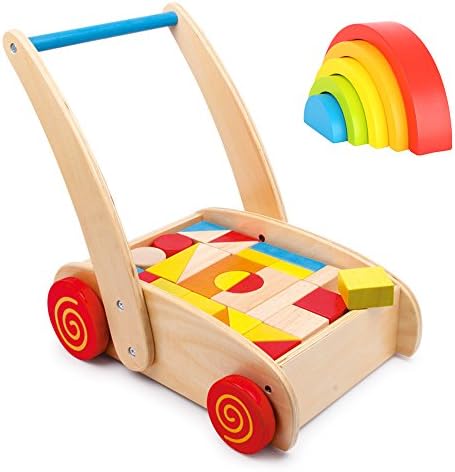 Wooden Baby Walker & Wooden Blocks Set with Rainbow Building Blocks - Develops Spatial Awareness, Dexterity, and Hand-Eye Co-ordination in Young Children