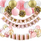 Baby Shower Decorations for Girl - Pink and Gold Baby Shower Decoration Itâ€™s A girl & Baby Shower Banner with Paper Lantern Pompoms Flowers Honeycomb Ball Balloons Foil Tassel