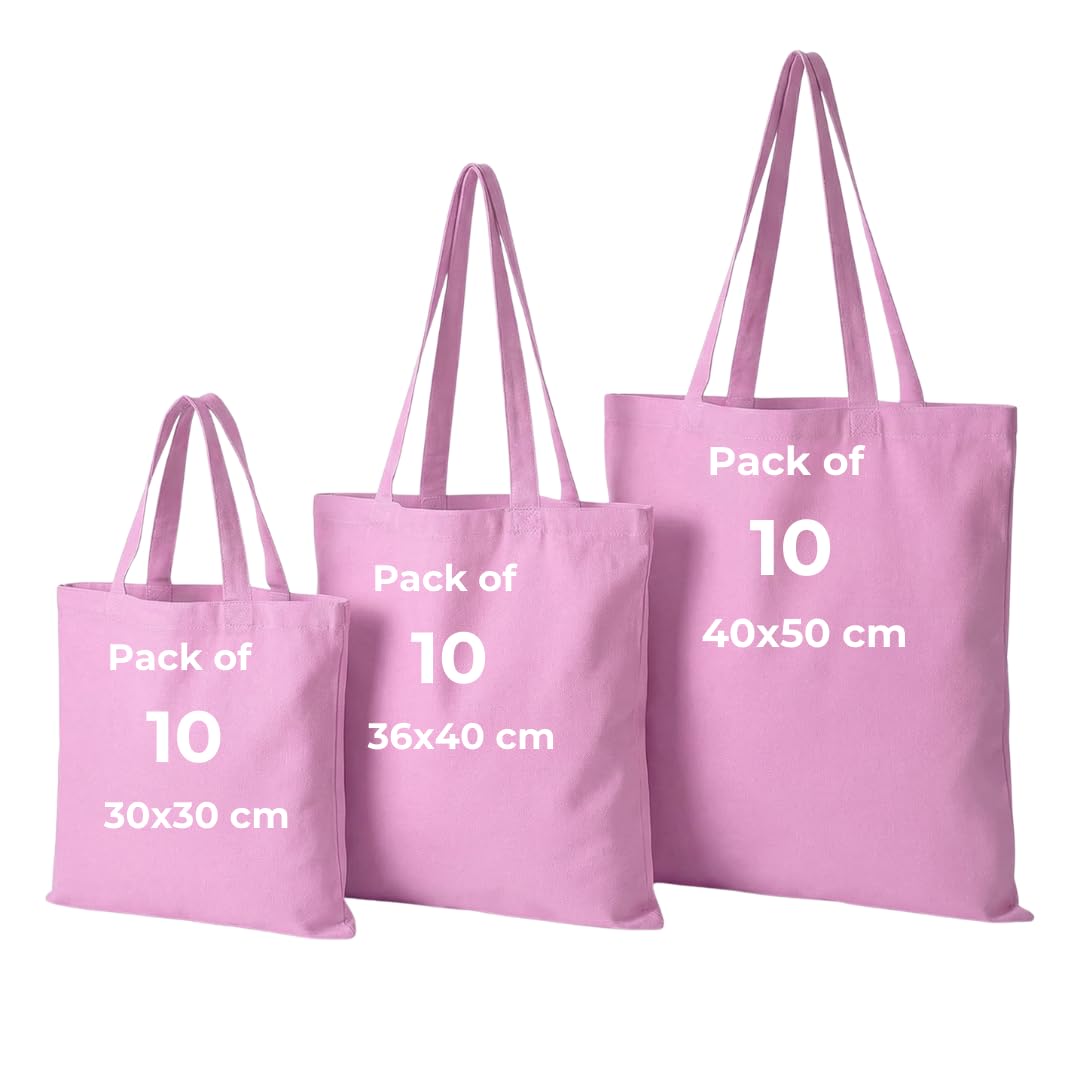 IMFAA Pack of 10 Premium-Quality Long Lasting 100% Cotton Canvas Tote Reusable Shopping Bags Ideal for Printing and Embroidery (Pink,Large 50x40x60)
