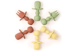 Tooshka® Baby Utensil Set (6 pcs) - Self Feeding Spoons - Silicone & BPA Free - Baby-Led Weaning (BLW) Supplies - Ages 6+ Months - Set of 6 - Brown, Green, & Yellow